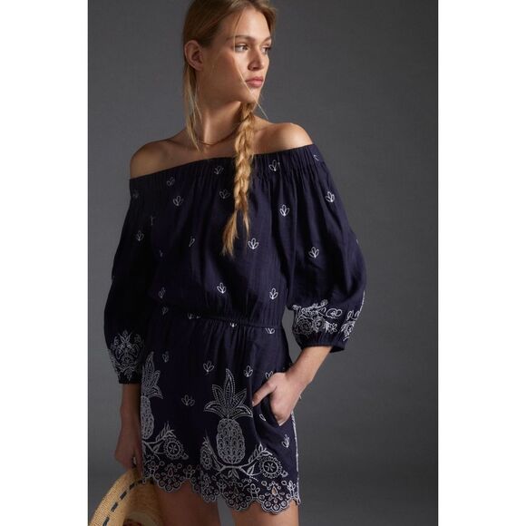 FARM Rio Pants - Anthropologie x Farm Rio Jackie Embroidered Romper Navy MSRP $168 Small Petite